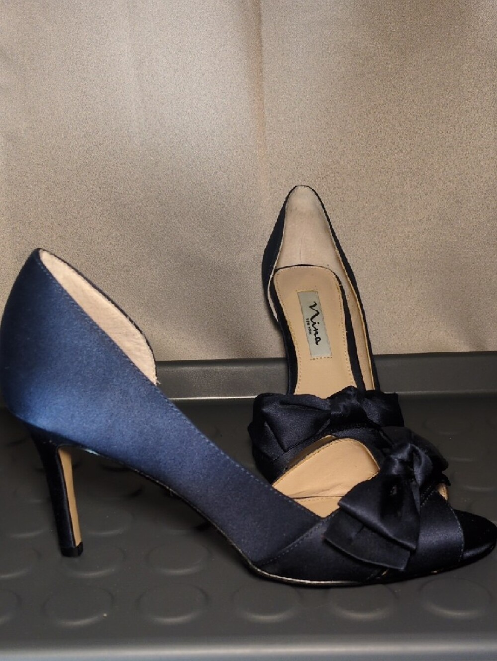 Nina Navy Satin Peep-Toe Heels with Front Bow Accent - Picture 2 of 7